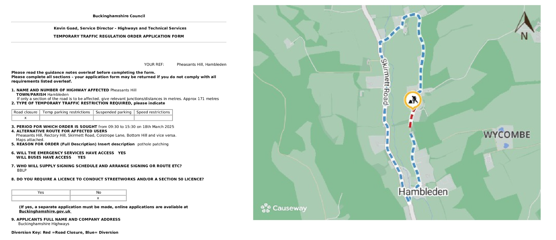 Road Closure - Pheasants Hill, Hambleden