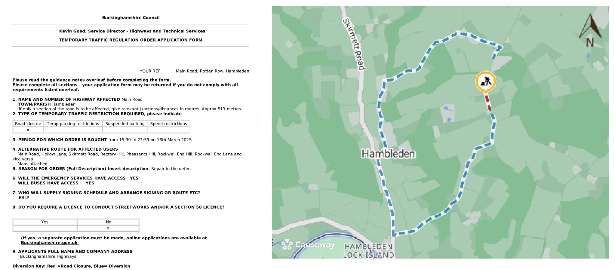 Road Closure - Main Road, Rotten Row, Hambleden
