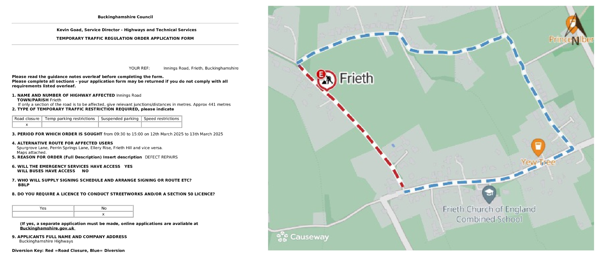 EMERGENCY Road Closure TODAY -Innings Road, Frieth