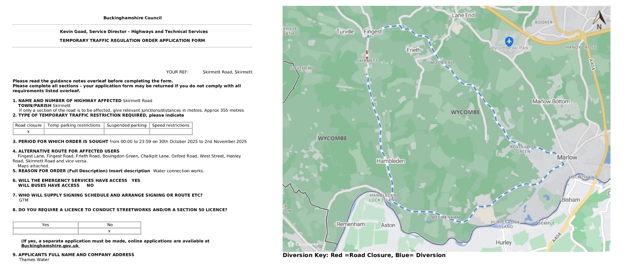 Road Closure - Skirmett Road, Skirmett
