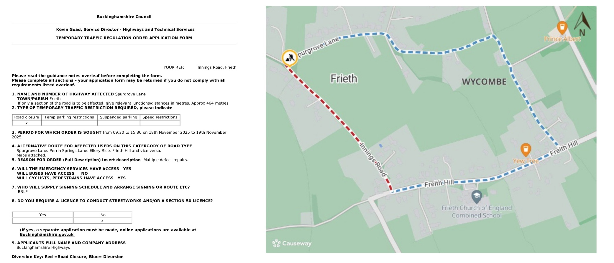 Road Closure - Innings Road, Frieth