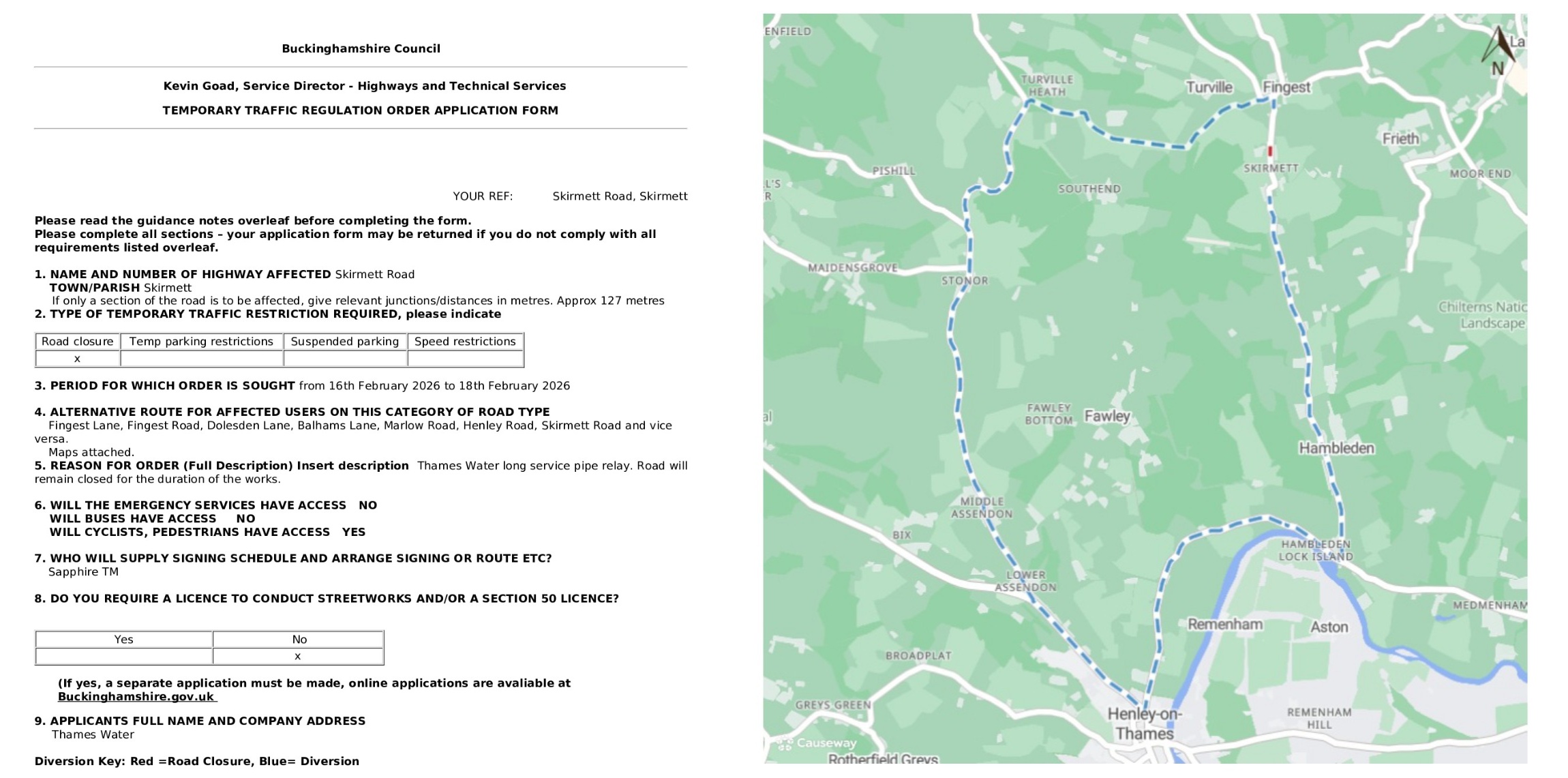 Road Closure - Skirmett Road, Skirmett