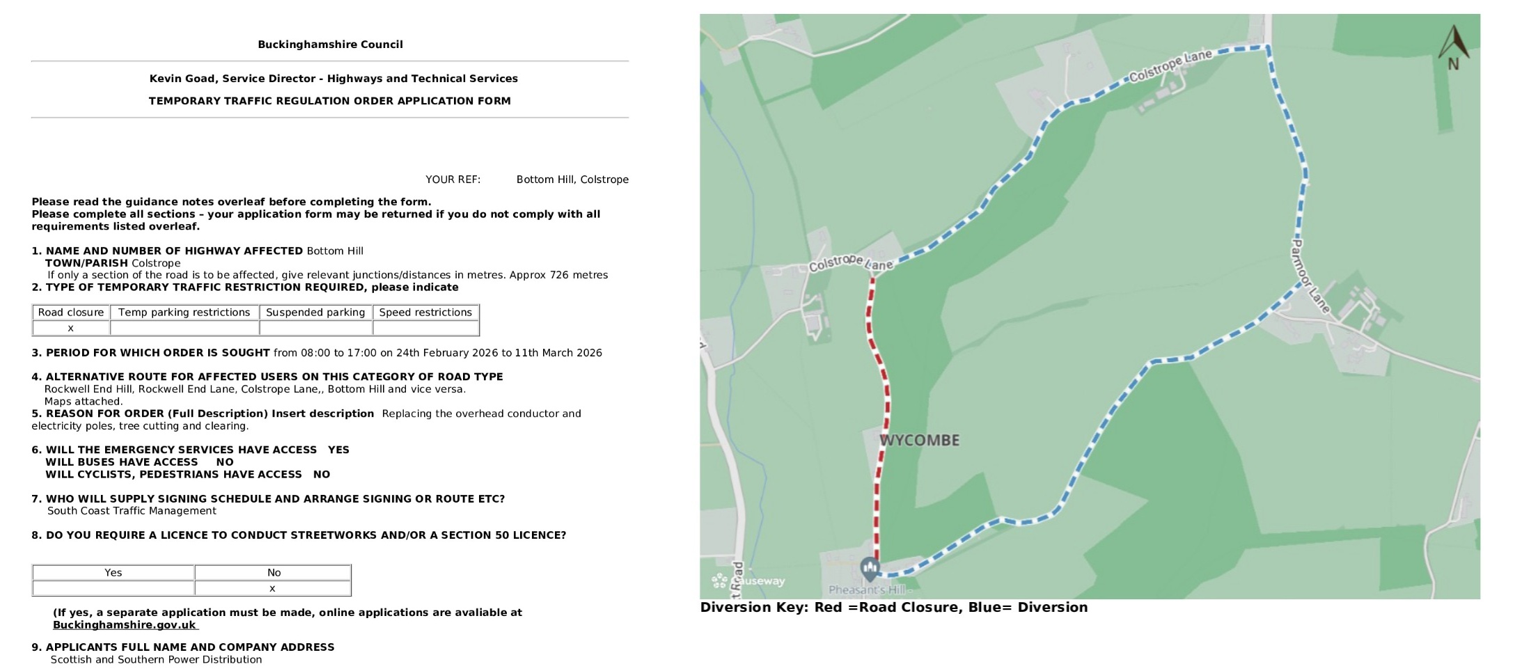 Road Closure - Bottom Hill, Colstrope